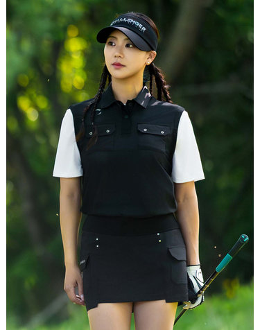 여성 메쉬 트윈포켓 카라 베스트 블랙
