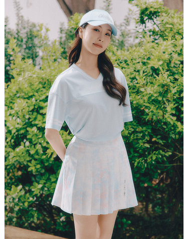 여성 메쉬 믹스 빅프린트 브이넥 반팔 티셔츠 스카이블루