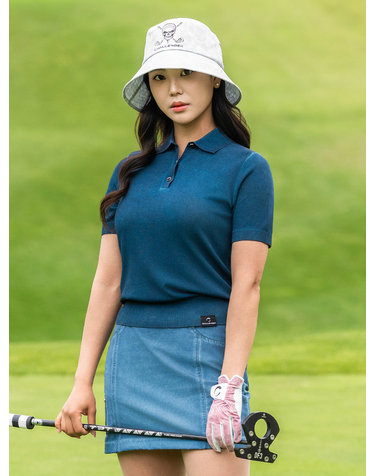 여성 가먼트다잉 스컬 카라 반팔 니트 네이비