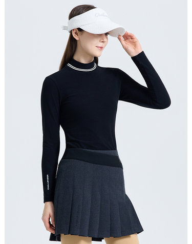 여성 기모 스트라이프 모크넥 긴팔 티셔츠 블랙