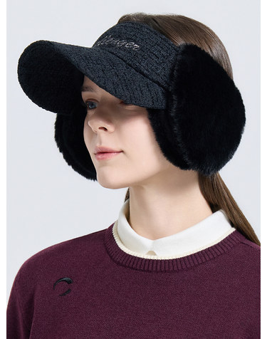 여성 트위드 퍼 이어커프 썬캡 블랙