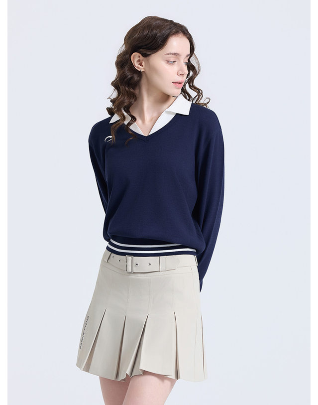 챌린저 여성 레이어드 카라 V넥 니트 풀오버 네이비 착용컷
