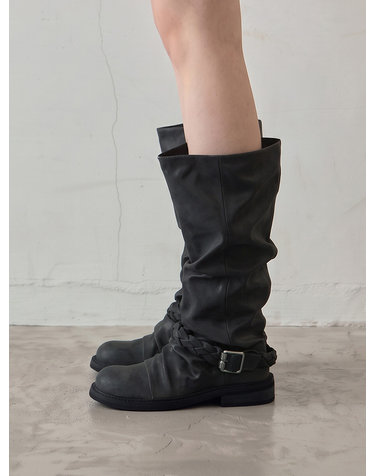 ljh041-1 Braided Strap Slouchy Long Boots - 2 Colors