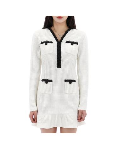 셀프포트레이트 펄 트림 니트 미니 원피스 RS25087SW WHITE