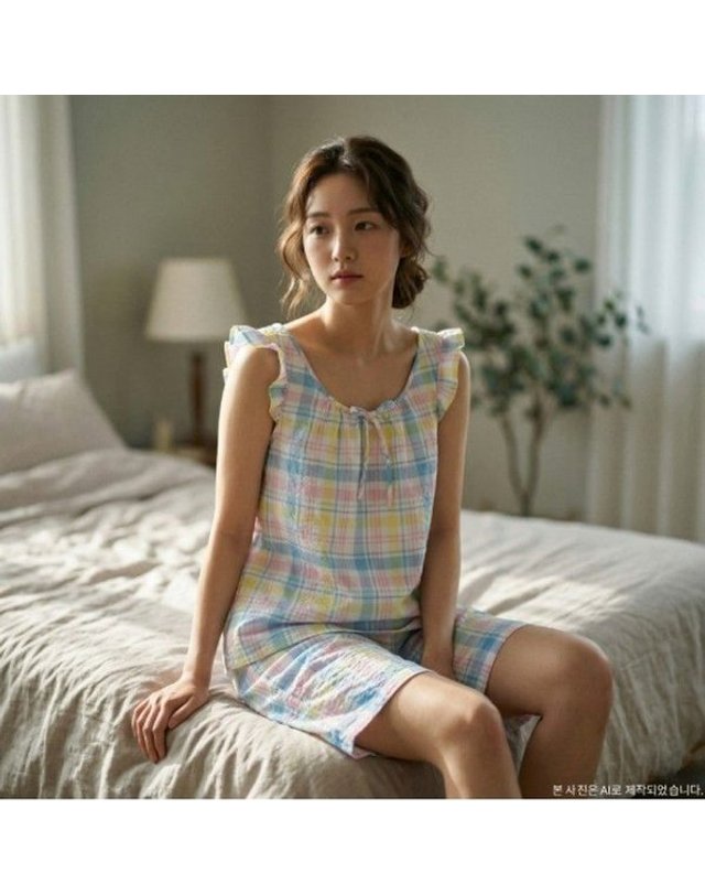비비안 [갤러리아] 체크 이지웨어 여성 파스텔 나시 실내복 상의하의 세트(EZ1970TEZ1970B) 착용컷