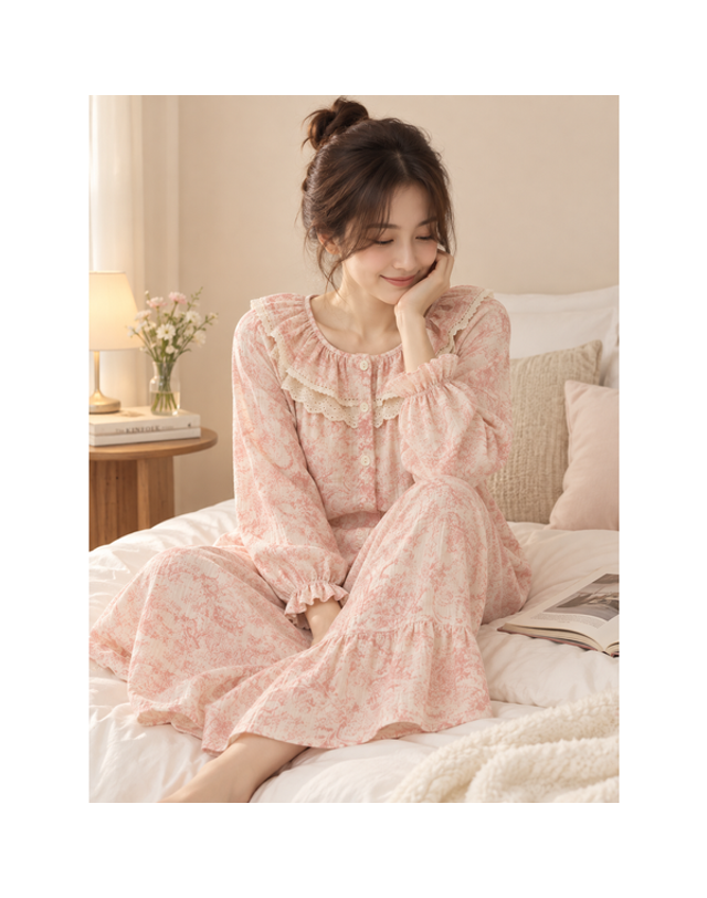 비비안 [갤러리아] (비비안) 비비안 면 100 핑크 Toile 프릴 원피스 홈웨어 GW8915A 착용컷