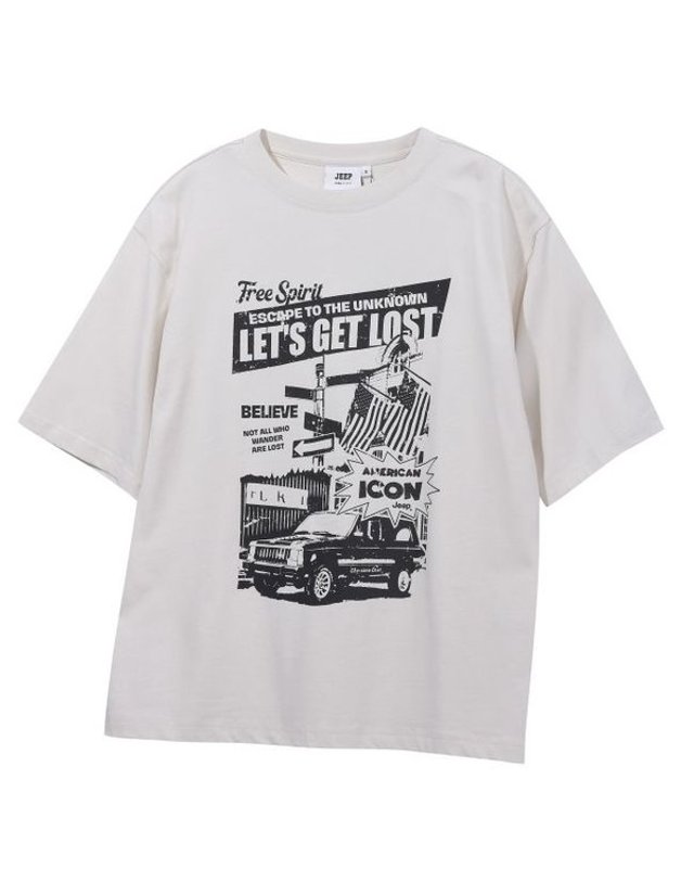 지프 [갤러리아] 지프(Jeep) 남여공용 빈티지그래픽 반팔티셔츠 JR2TSU204 착용컷