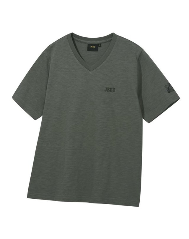 지프 [갤러리아] 지프(Jeep) 남여공용 브이넥 지구본 슬럽 반팔티셔츠 R2403 착용컷