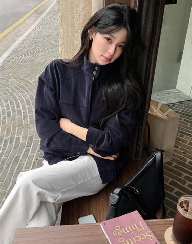 코듀로이 버튼 포인트 블루종 재킷 - 네이비