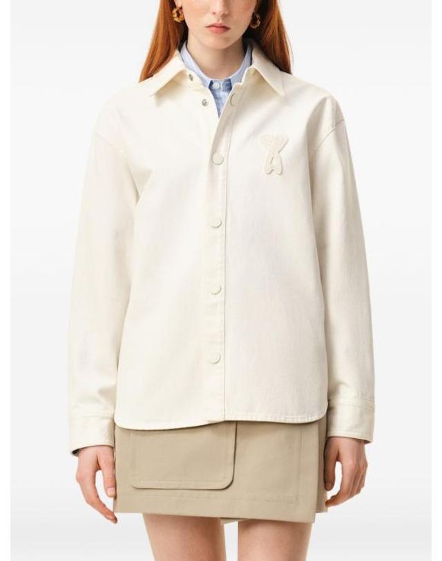 아미 [명품] 26SS 아미 톤온톤 로고 코튼 니트 오버셔츠 UJK897 DE0126 136 WHITE CREAM DOM 착용컷
