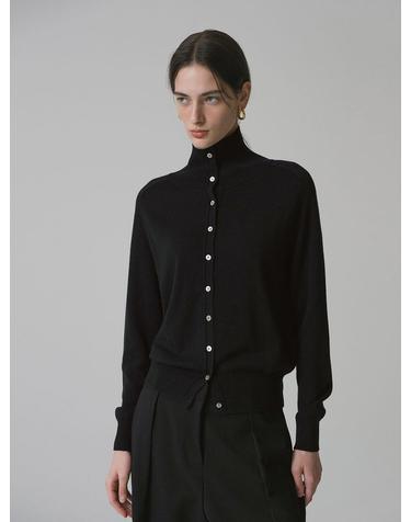 SIKN2152 울 블렌드 하이넥 니트 가디건_Black