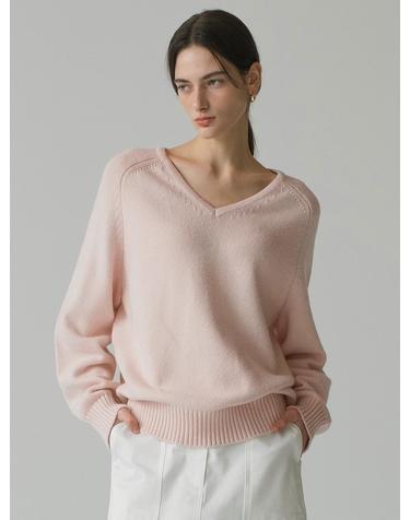 SIKN2156 울 블렌드 루즈 브이넥 니트_Light pink