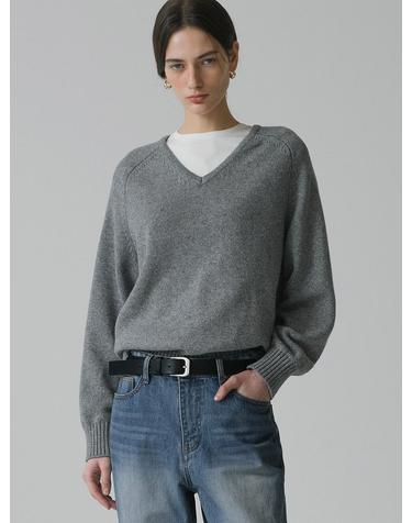 SIKN2156 울 블렌드 루즈 브이넥 니트_Melange gray