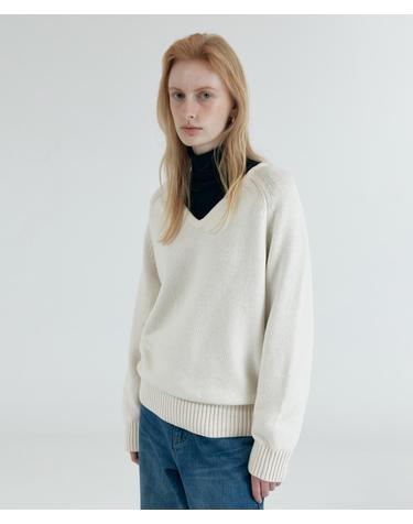 SIKN2156 울 블렌드 루즈 브이넥 니트_Cream