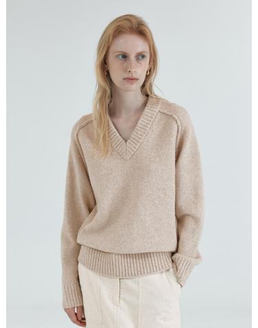 SIKN2170 루즈 핏 브이넥 헤비 니트_Light beige
