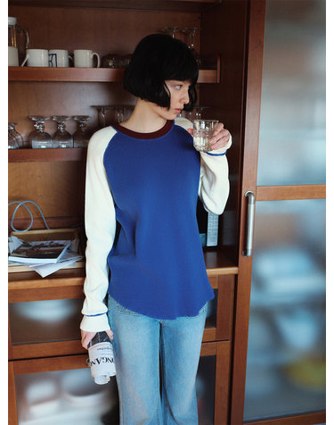 SIKN2176 와플 래글런 배색 니트_Mix blue