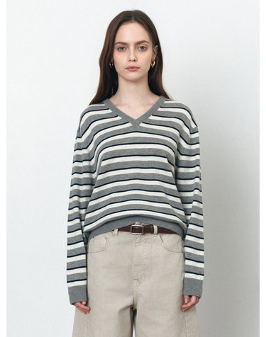 SIKN2174 멀티 스트라이프 브이넥 니트_Melange gray