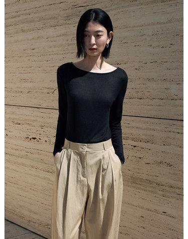 SITP5285 시스루 골지 보트넥 티셔츠_Black
