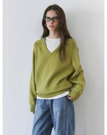 SIKN2156 울 블렌드 루즈 브이넥 니트_Olive