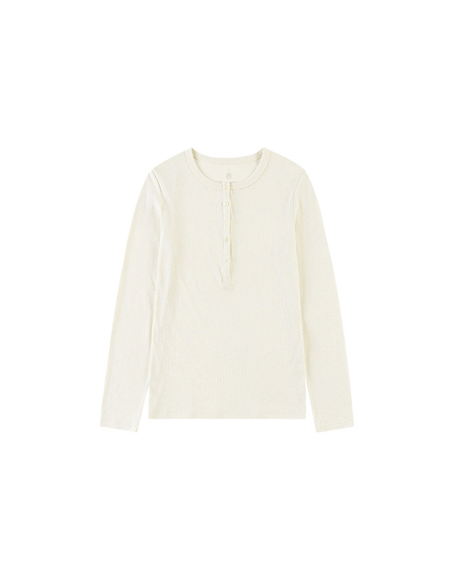 시야쥬 SITP5241 슬러브 헨리넥 티셔츠_Cream 아이보리 착용컷