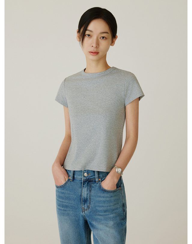 시야쥬 SITP5275 슬림 골지 반팔 티셔츠_Melange gray 그레이 착용컷