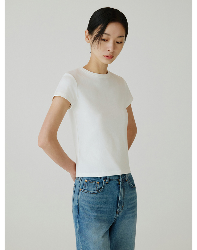 시야쥬 SITP5275 슬림 골지 반팔 티셔츠_Ivory 아이보리 착용컷