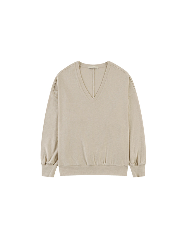시야쥬 SITP5274 브이넥 가오리 컴포트 티셔츠_Light beige 베이지 착용컷