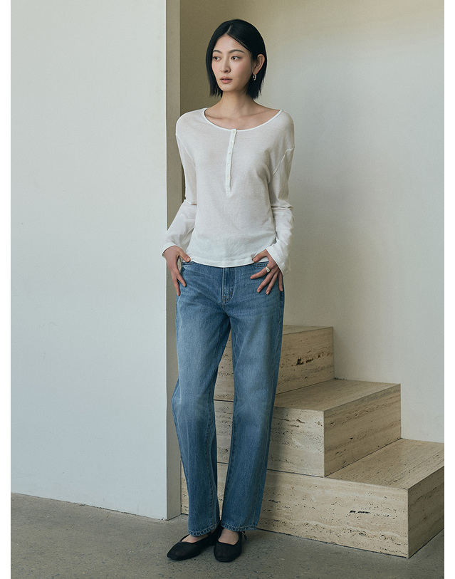 시야쥬 SIJN6116 쿨 워싱 크롭 데님_Medium blue 블루 착용컷