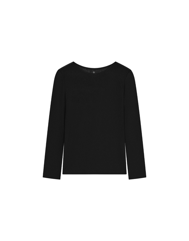 시야쥬 SITP5285 시스루 골지 보트넥 티셔츠_Black 블랙 착용컷