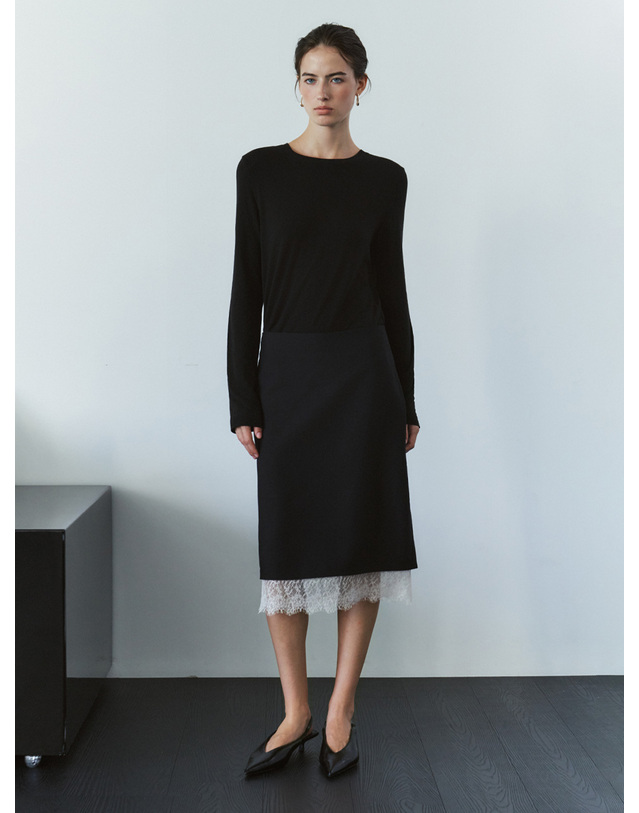 시야쥬 SIST9070 레이스 미디 스커트_Black 블랙 착용컷