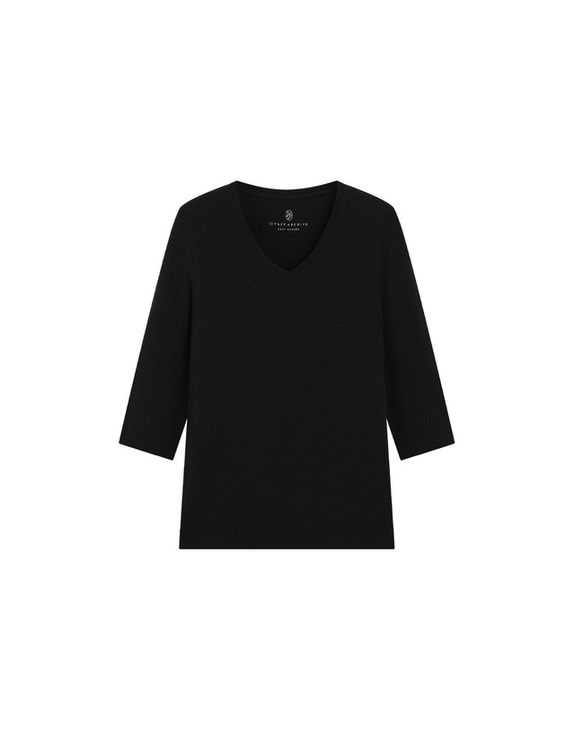 시야쥬 SITP5313 소프트 브이넥 7부 티셔츠_Black 블랙 착용컷