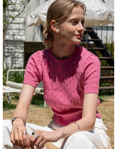 SIKN2029 cotton crop cable knit_Pink
