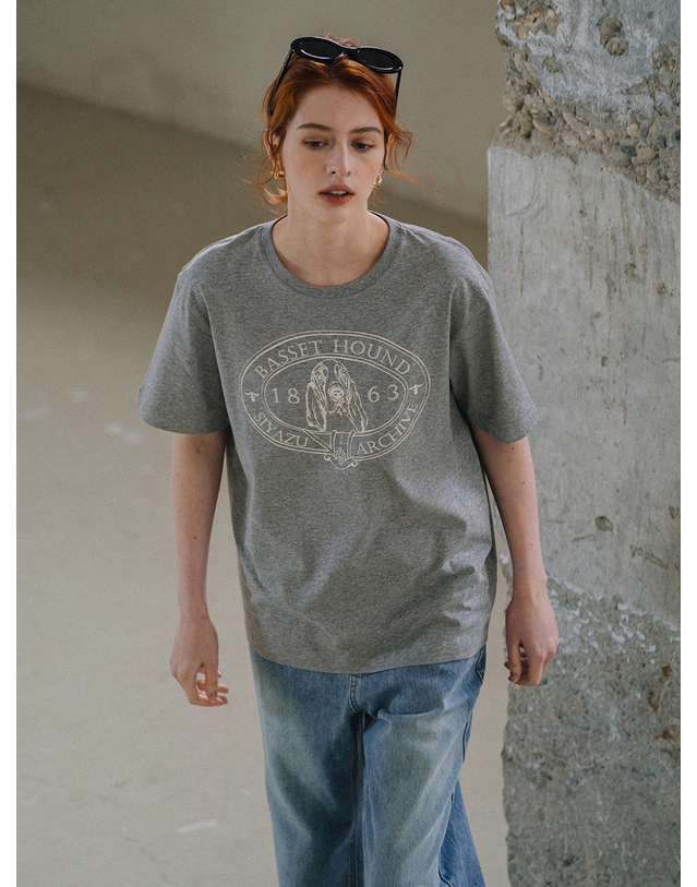 시야쥬 SITP5064 Basset Hound T-shirt_ Melange gray 착용컷
