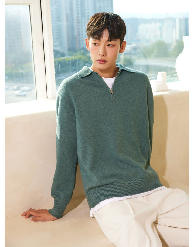 아이홀릭 하프 집업 폴로 니트 멜란지 그린 5COLOR 착용컷