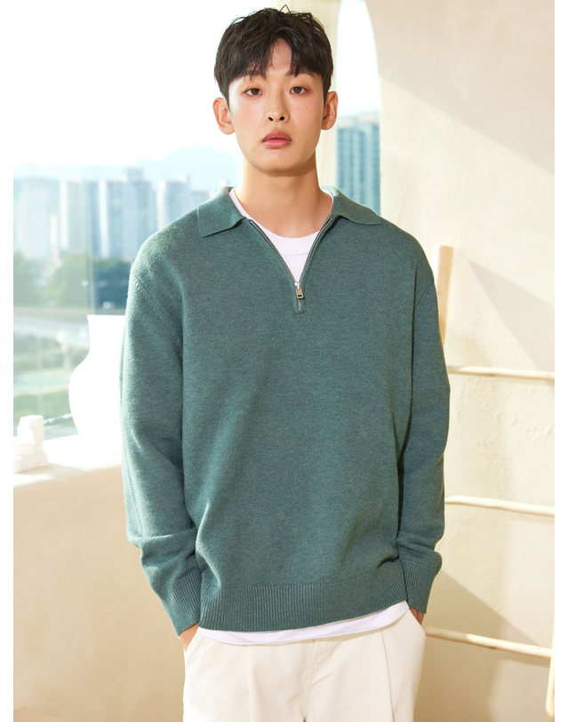 아이홀릭 하프 집업 폴로 니트 멜란지 그린 5COLOR 착용컷
