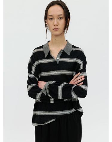 STRIPE OVER-FIT COLLAR KNIT (CHARCOAL)