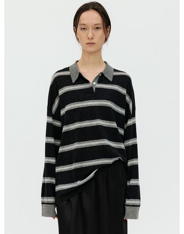 르비에르 STRIPE OVER-FIT COLLAR KNIT (CHARCOAL) 착용컷