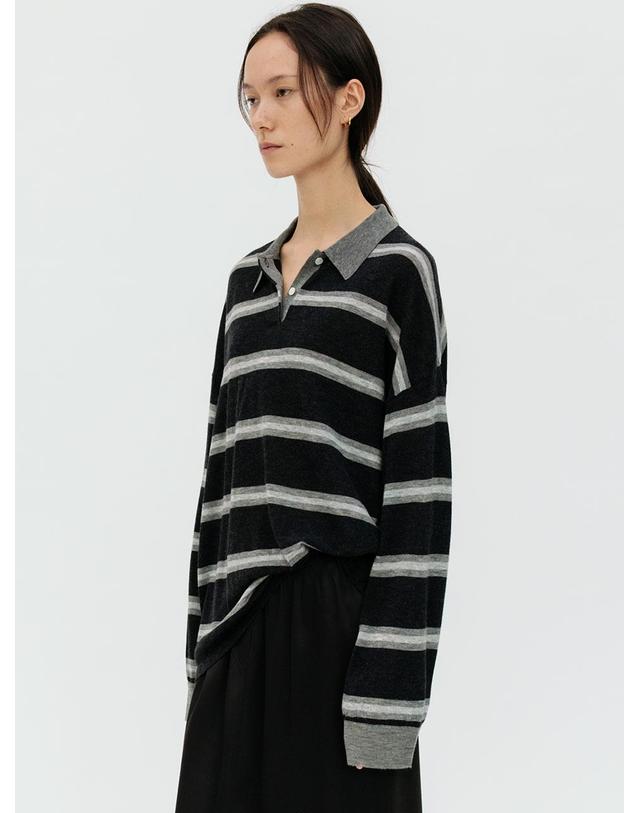 르비에르 STRIPE OVER-FIT COLLAR KNIT (CHARCOAL) 착용컷
