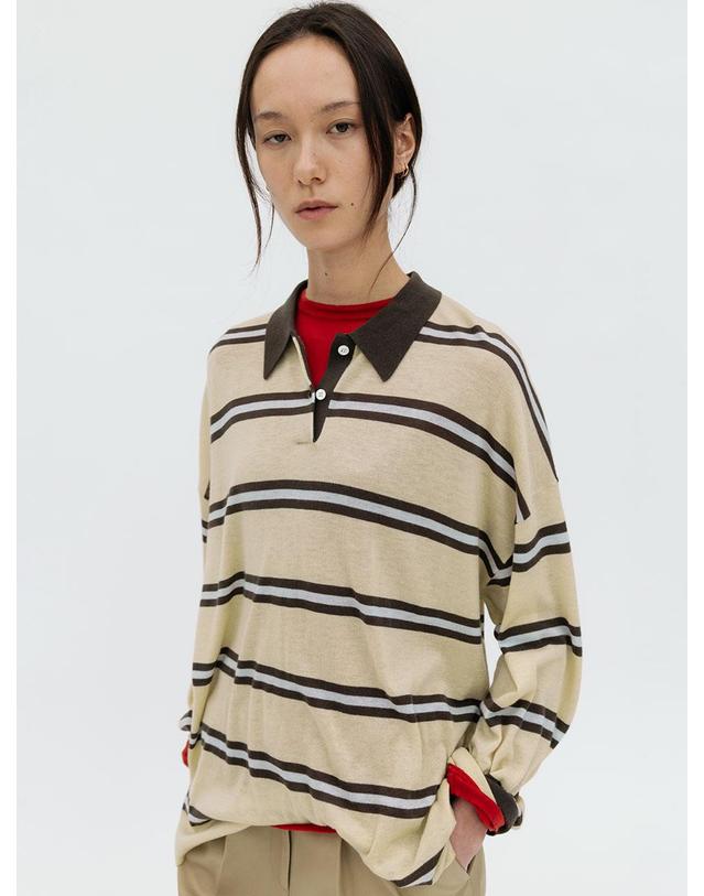 르비에르 STRIPE OVER-FIT COLLAR KNIT (LIGHT YELLOW) 착용컷