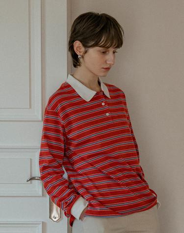 A3520 빈티지 스트라이프 칼라 티셔츠_Dark orange