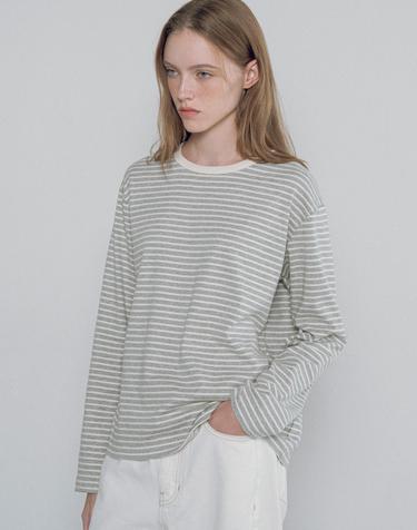 A3546 스트라이프 라운드 티셔츠_Melange gray