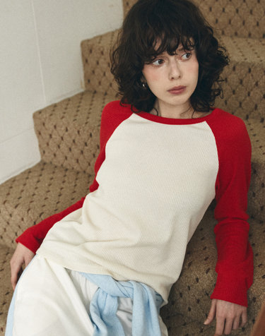 A3567 와플 래글런 티셔츠_Red