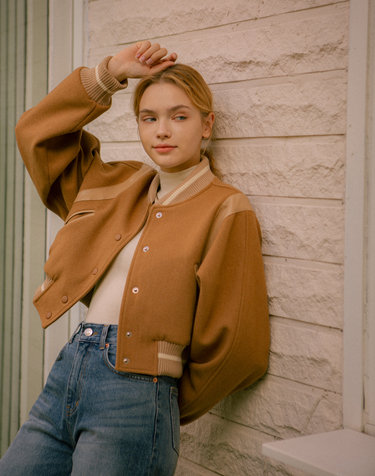 O3707 Irish crop varsity jacket_Camel brown
