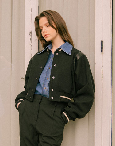 O3707 Irish crop varsity jacket_Black