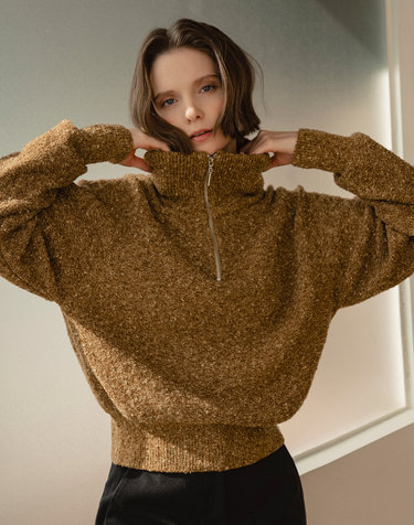 KN4214 Boucle zip-up knit_Golden brown