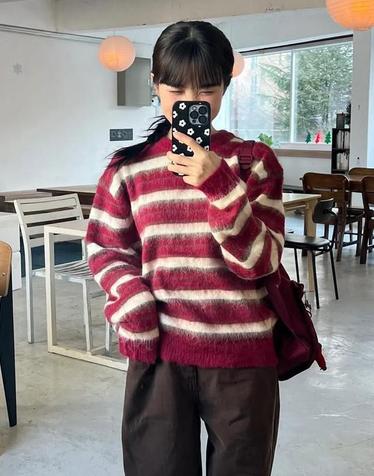 KN4255 헤어리 스트라이프 니트_Wine