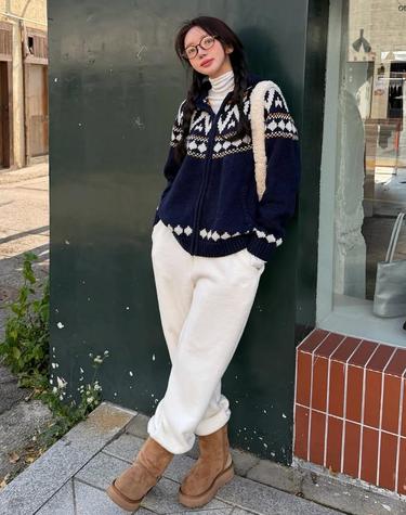 KN4242 Nordic knit hood zip-up_Navy