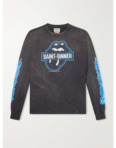 [해외직구] 26 FW SAINT MXXXXXX 블랙 더 롤링 스톤즈 불꽃 프린트 빈티지 워싱 코튼 저지 티셔츠 TP581942301