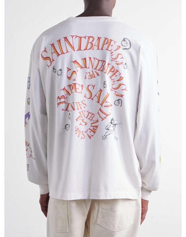 세인트 미카엘 [해외직구] 26 FW SAINT MXXXXXX 화이트 BAPE 러닝 프린트 워싱 코튼 저지 티셔츠 TP581942455 착용컷