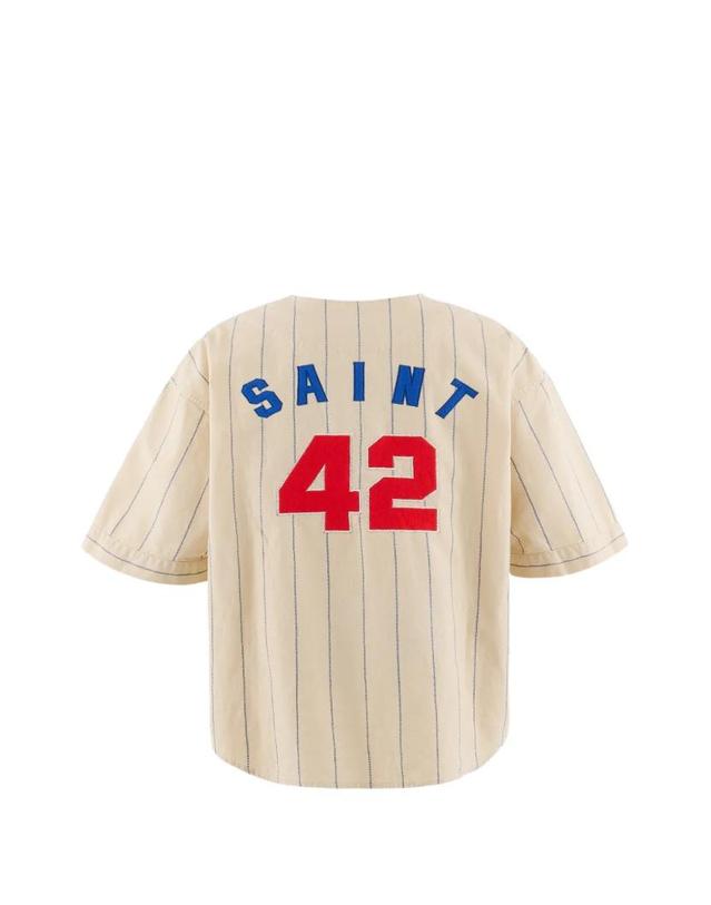 세인트 미카엘 [해외직구] 26 FW SAINT MXXXXXX 핀스트라이프 패턴 베이스볼 셔츠 SMMK80000039WH TP458251375 착용컷